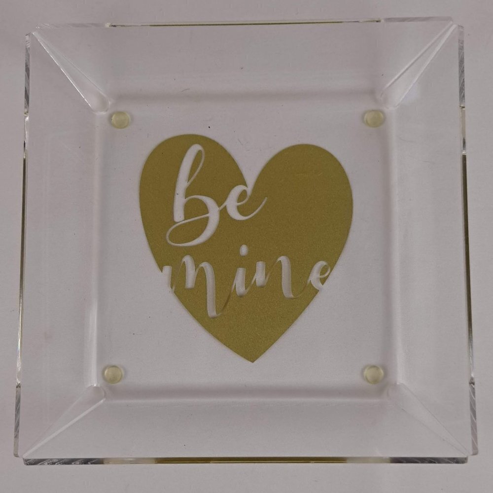 "Be Mine" Clear Acrylic Tray with Gold Graphic Silicone Pads on Bottom NWOT